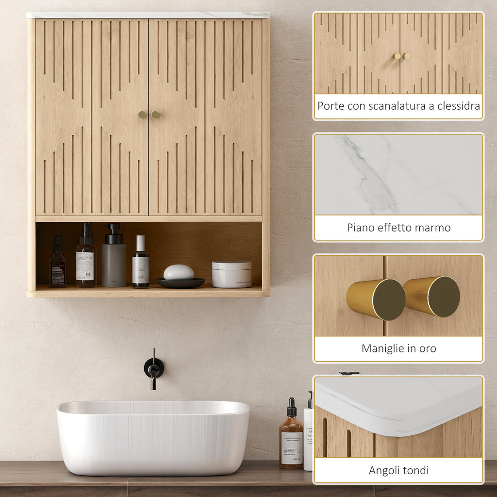 Wall-Mounted Bathroom Cabinet with Open Shelf and Decorated Doors, Marble Effect Top, 60x18x70 cm, Oak