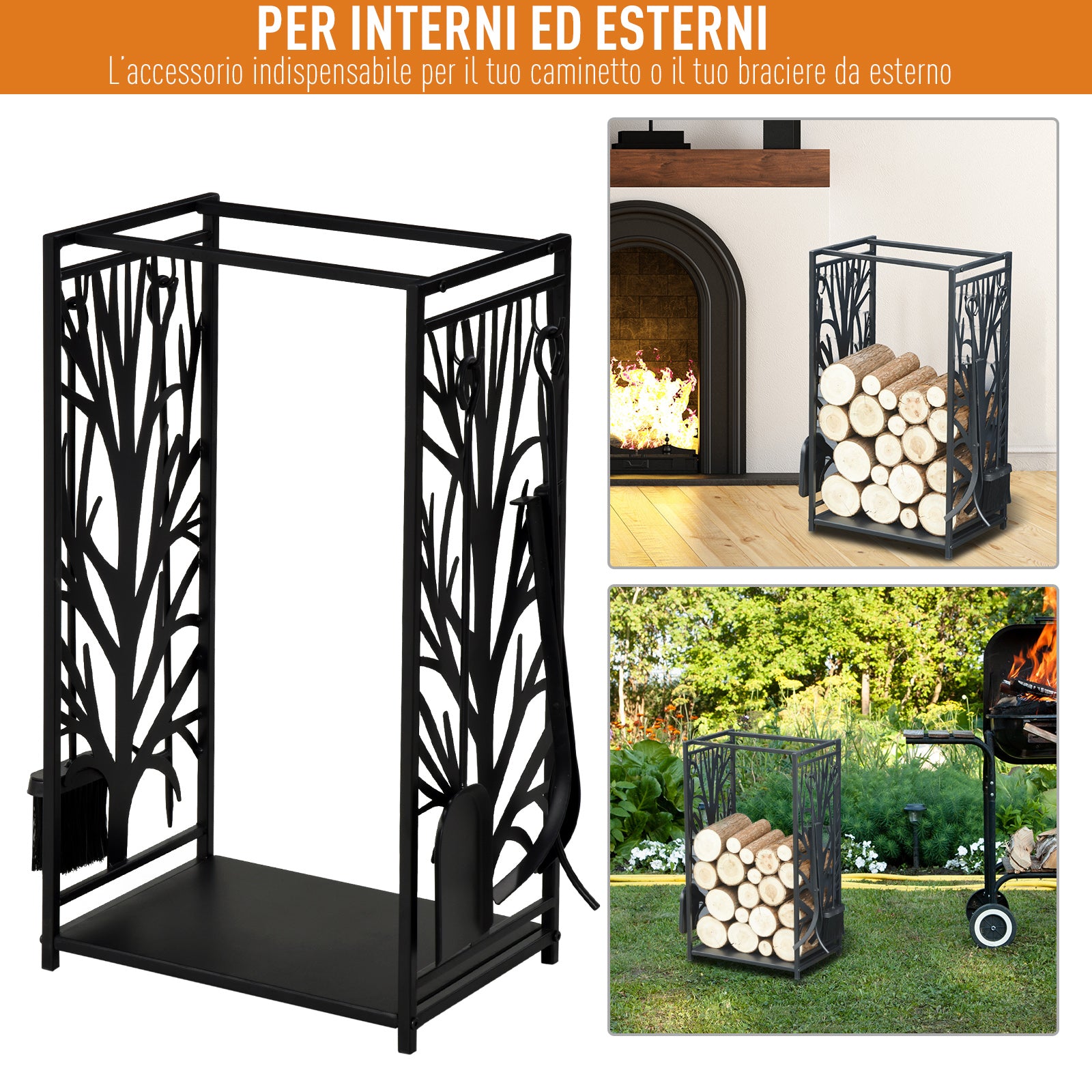 Fireplace Log Holder, Rustproof Steel, Indoor and Outdoor Log Holder with Elegant Design and 4 Tools, 46 x 30 x 70 cm, Black