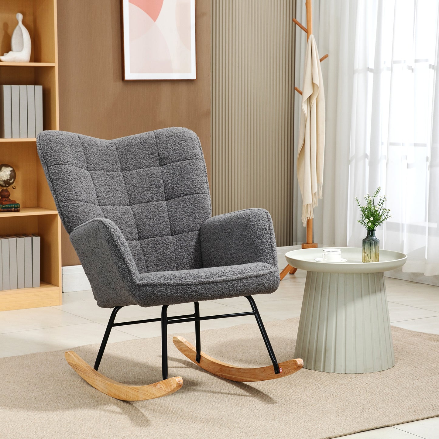 Upholstered Rocking Chair in Wood and Steel for Living Room and Bedroom, 71x98x101 cm, Dark Grey