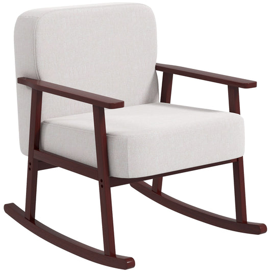 Rocking Armchair in Linen and Wood Effect Fabric with Armrests and Cushions, 66x78x76 cm, Beige and Brown