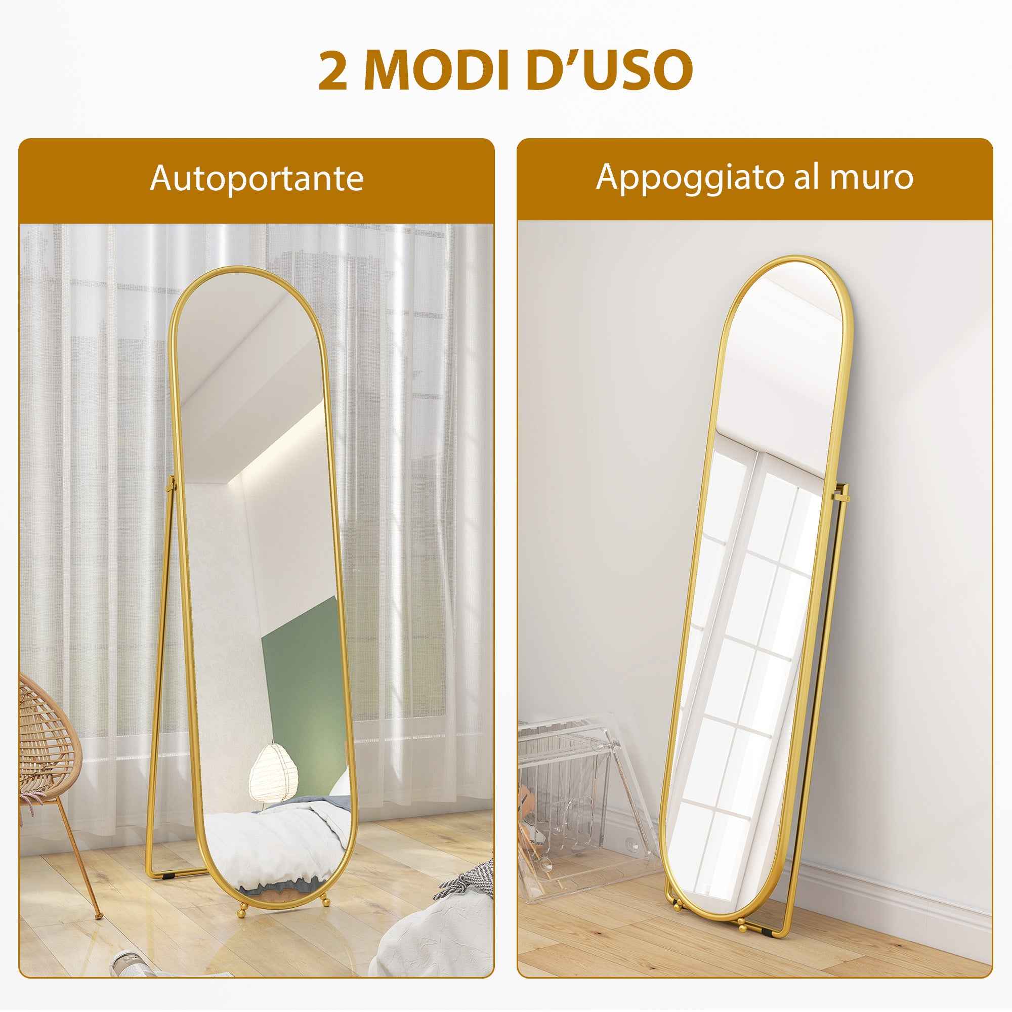 HOMCOM Full-Length Floor Mirror with Folding Stand, Glass and Metal, 50x4x180 cm, Gold