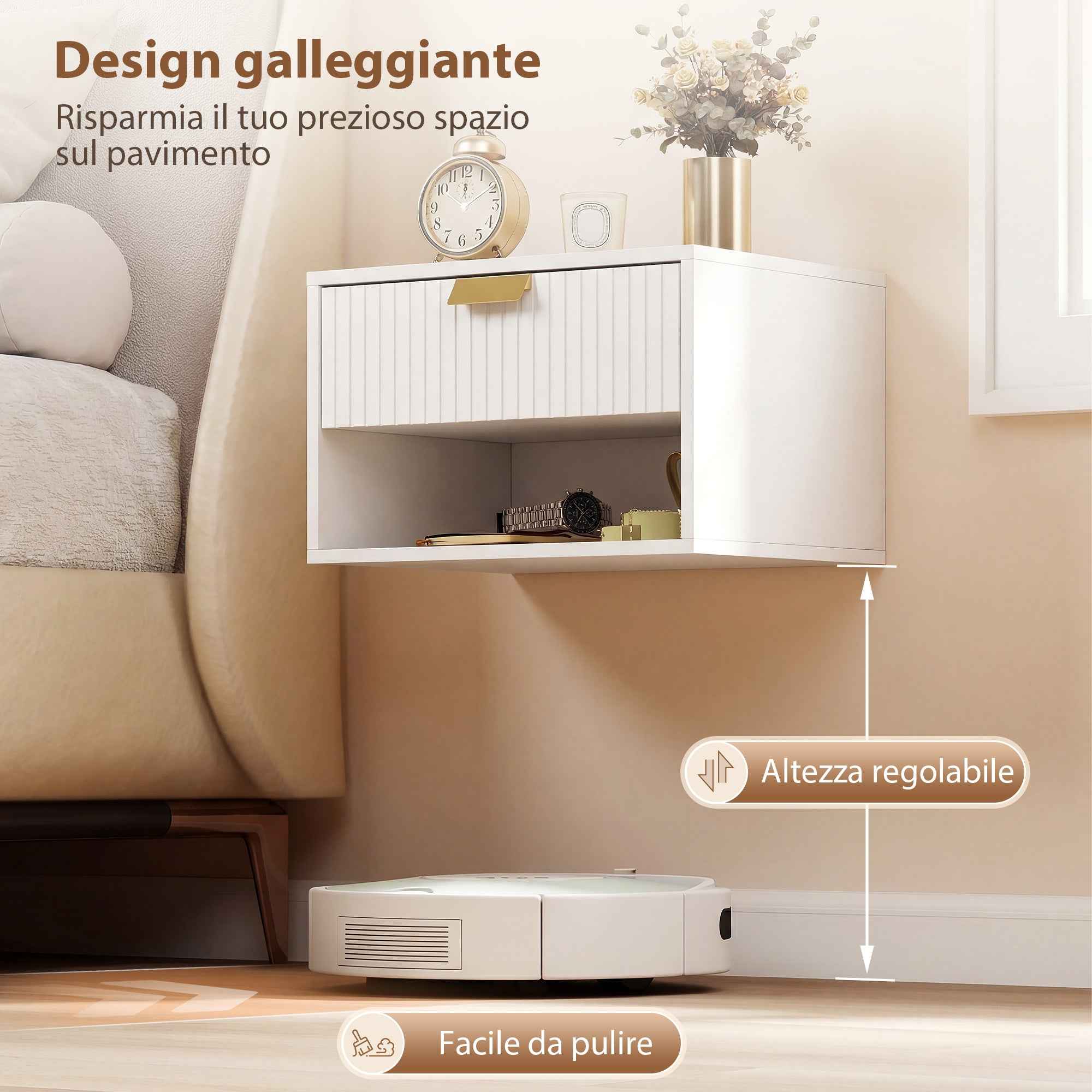 HOMCOM Set of 2 Floating Nightstands with Decorated Drawer and Open Shelf, White