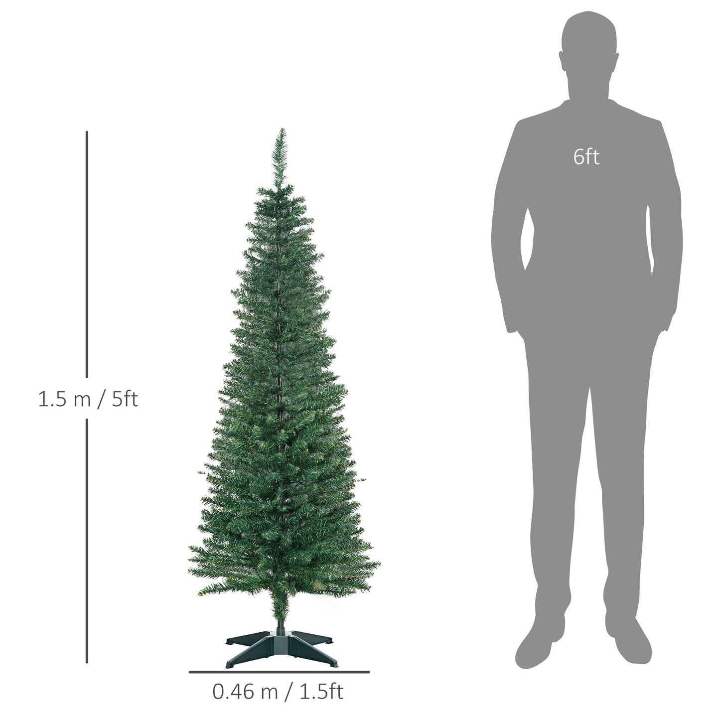 CHRISTMAS TREE - Artificial Christmas Tree 150cm Tall and Narrow with Realistic Branches and Plastic Base, Green