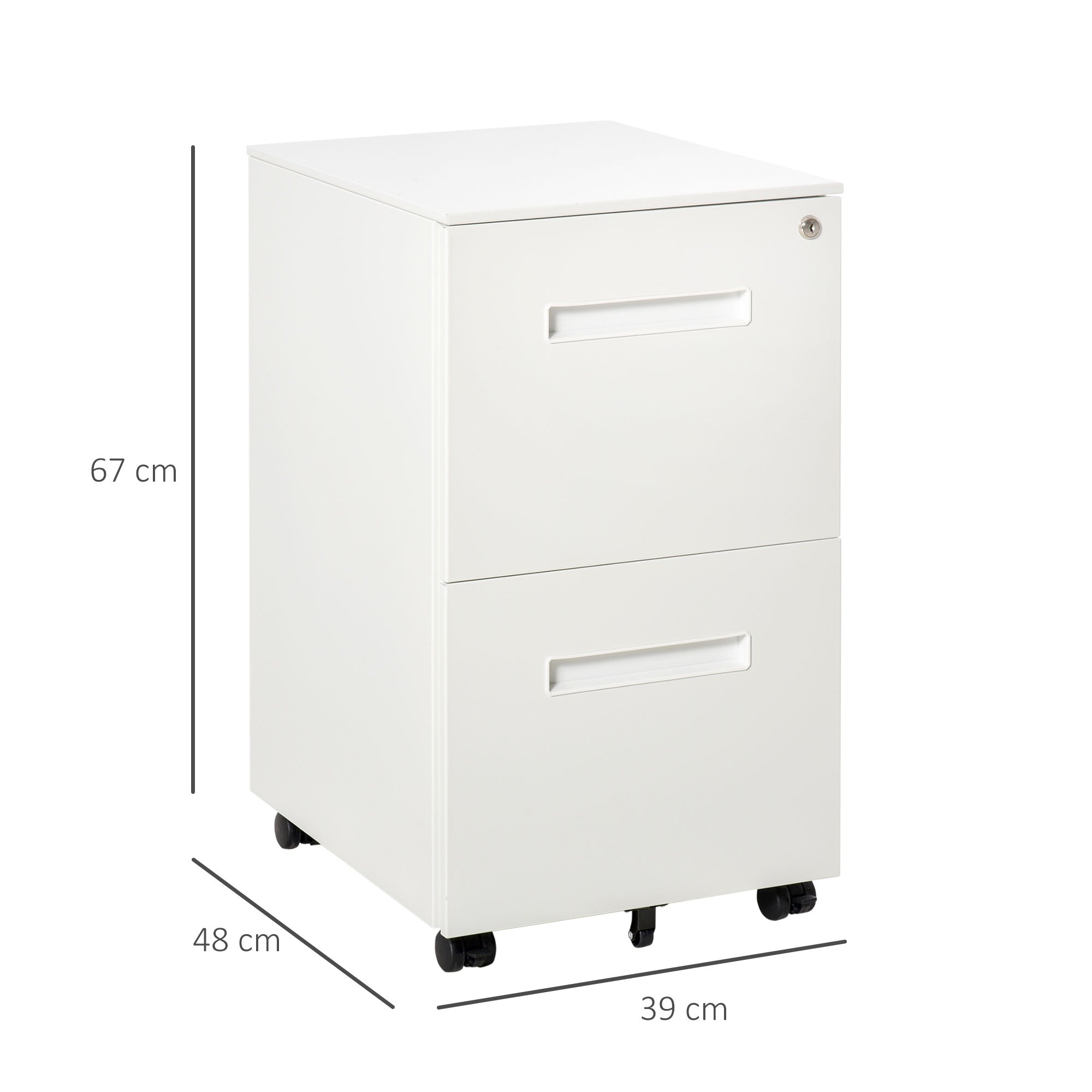 Office Drawer Cabinet with Wheels, 2-Drawer File Cabinet with Lock and 2 Keys in Steel, 39x48x67cm, White