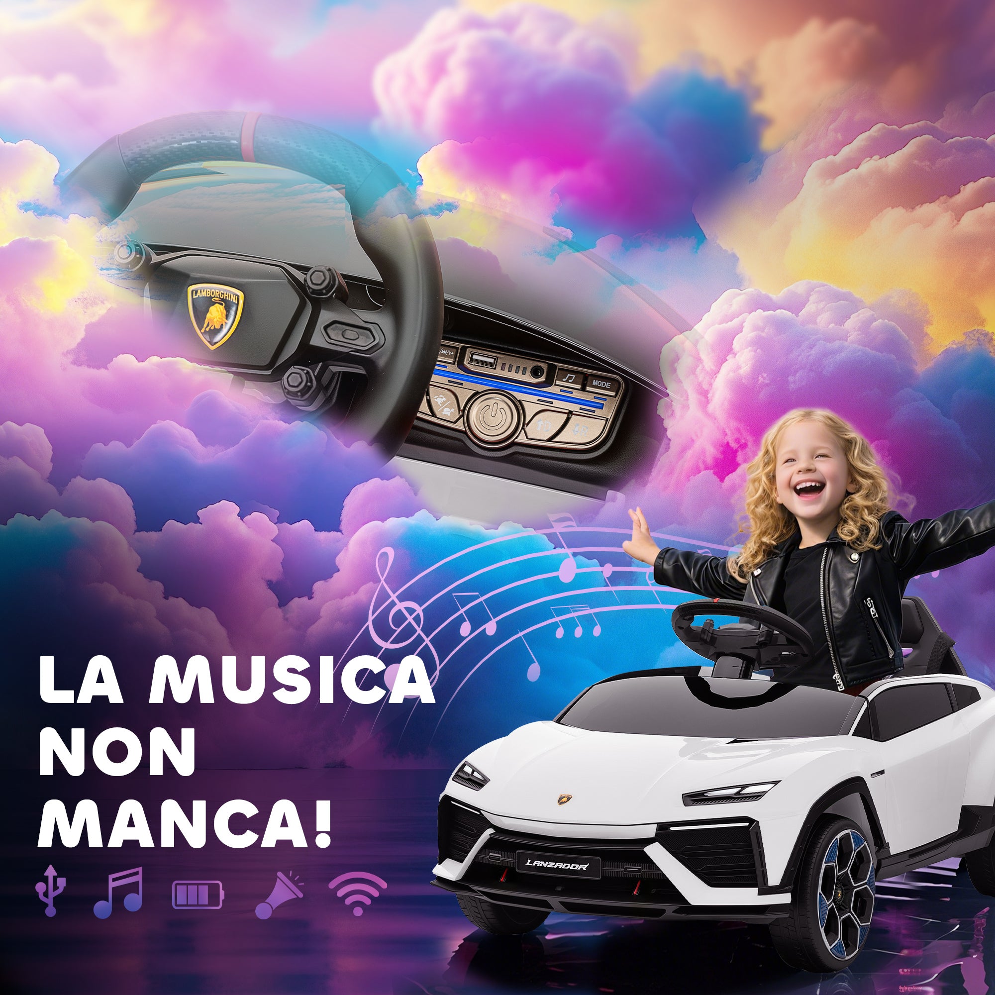 Lamborghini Licensed Electric Ride-On Car for Kids with Horn and Remote Control, 3-Speed Adjustable, White