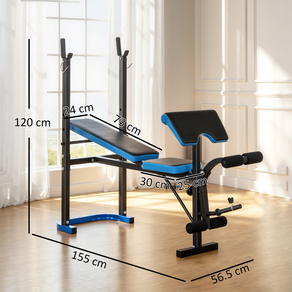 HOMCOM Multifunctional Weight Bench with Barbell Support and Adjustable Backrest, Steel and PU, 155x56.5x120 cm, Black and Blue