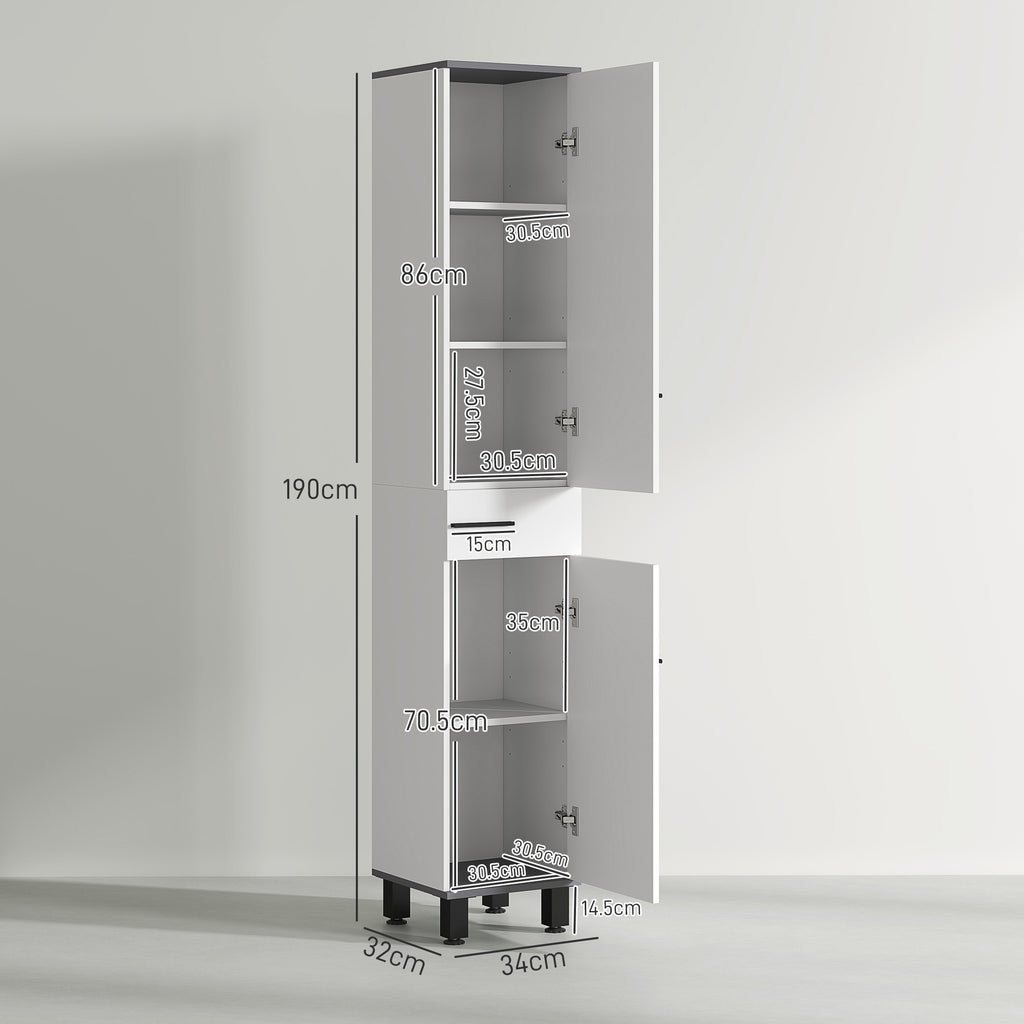 Bathroom Column Cabinet with 2 Cabinets with Adjustable Shelves and Drawer, 34x32x190 cm, White