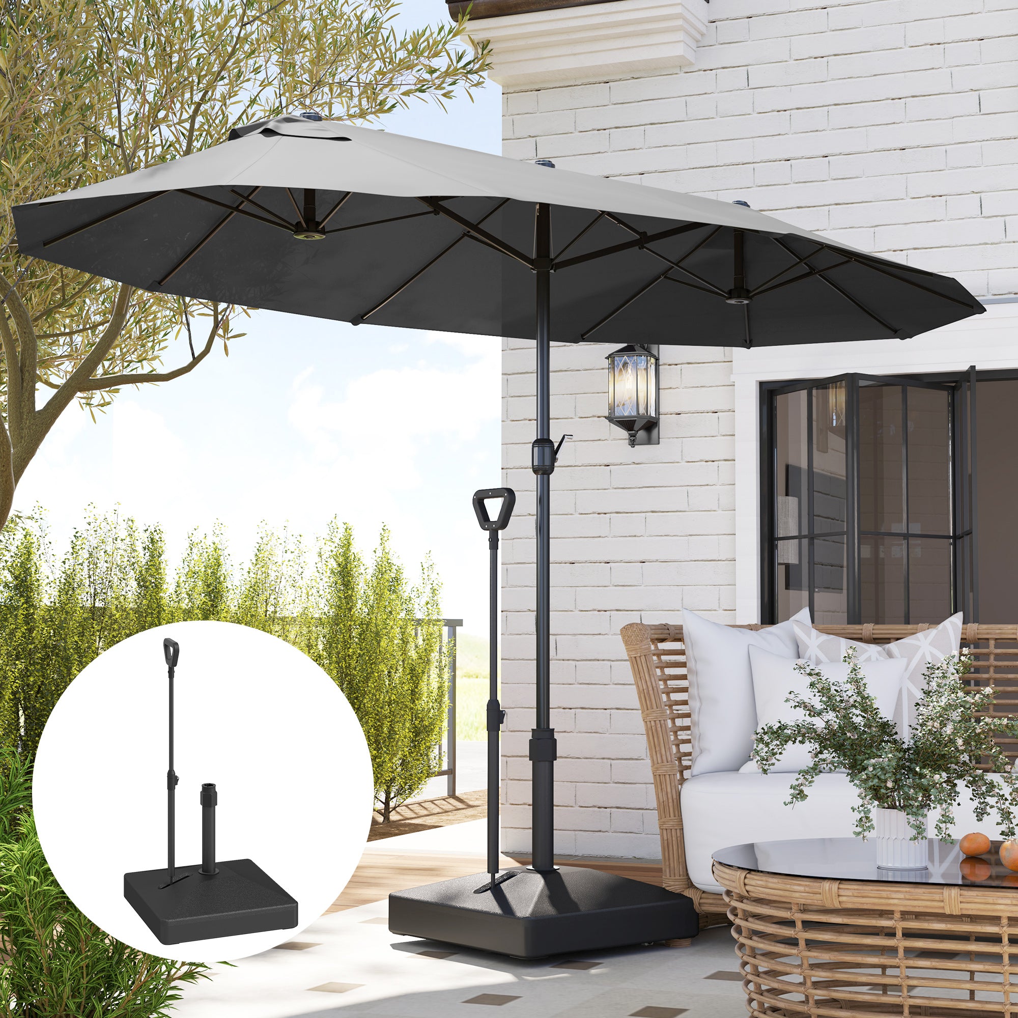 HDPE Umbrella Base with Handle and Wheels and Fillable with Water or Sand, 60x60x100 cm, Black