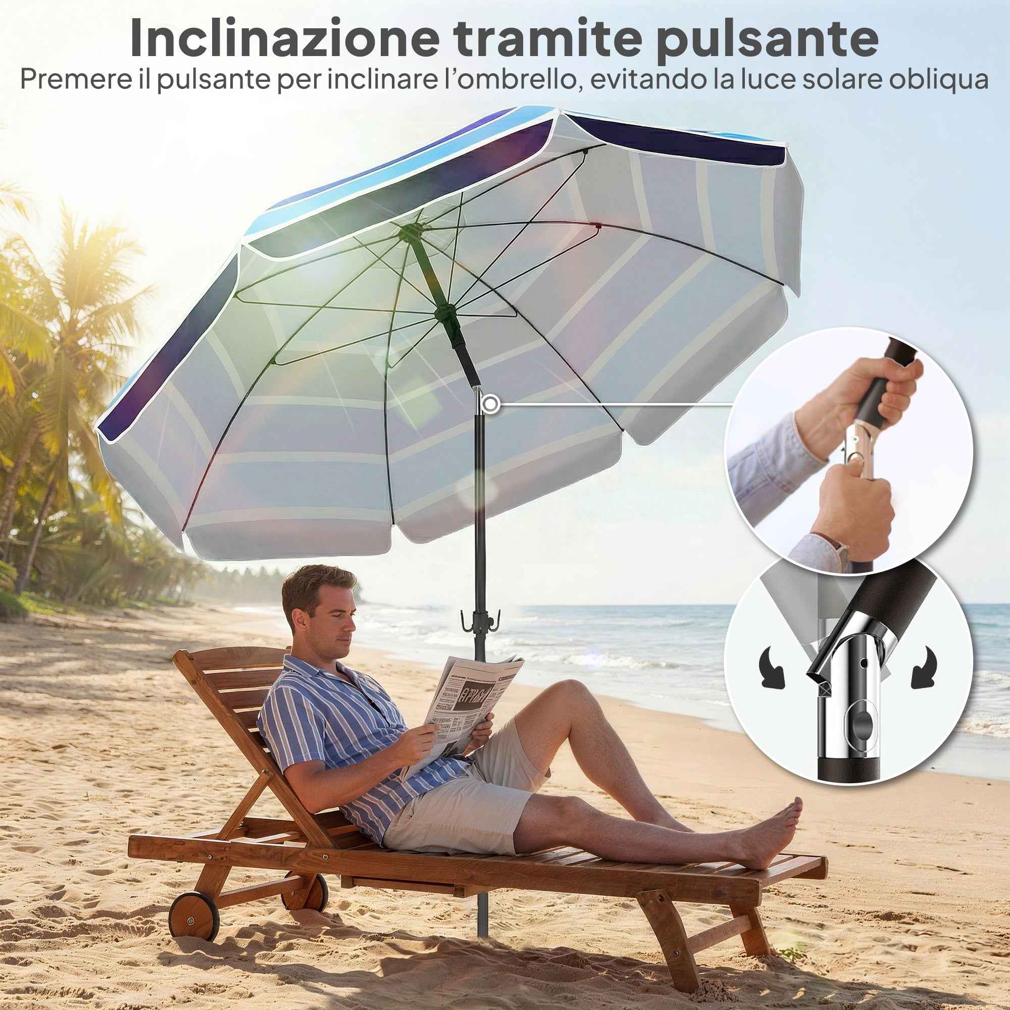 Outsunny Beach Umbrella with Table and Cup Holder, Metal and Polyester, Ø198x214 cm, Multicolored