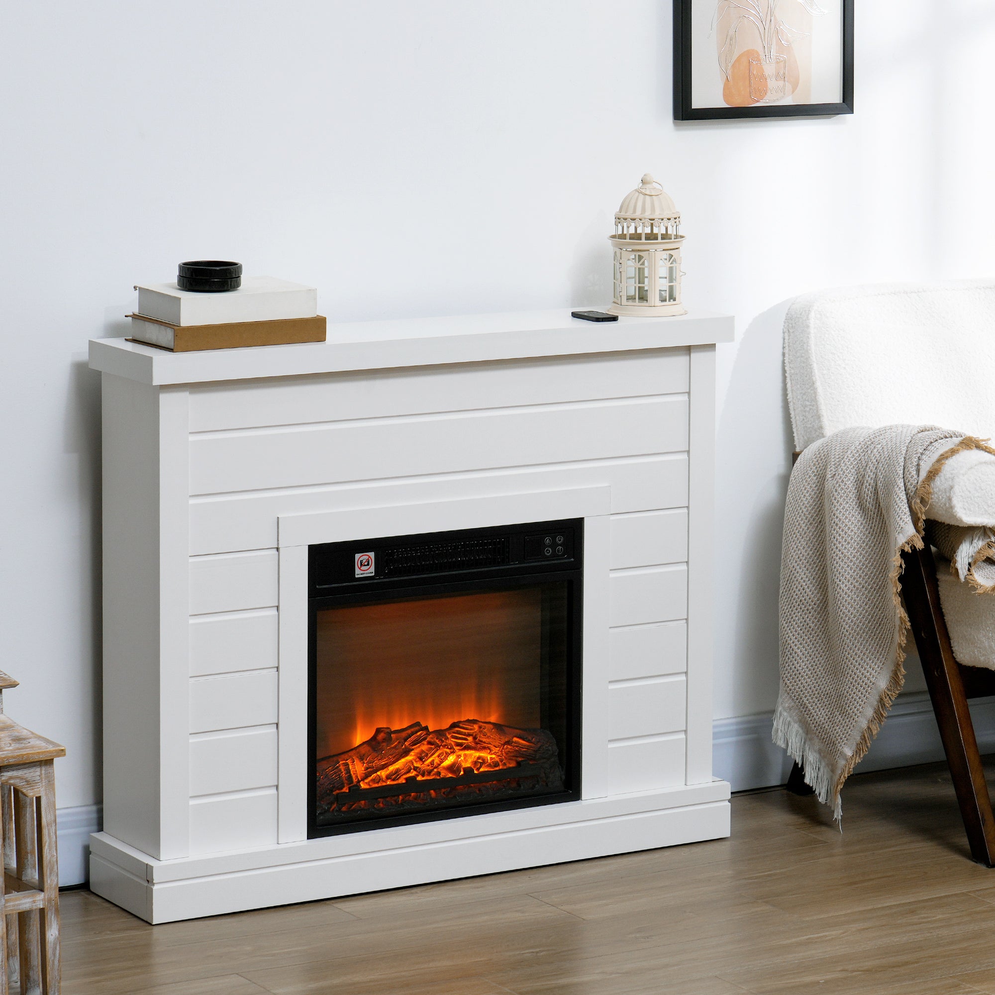 1800W Electric Fireplace with Flame Effect and Remote Control, in Wood, Metal and Glass, 96.5x22x81.7 cm, White