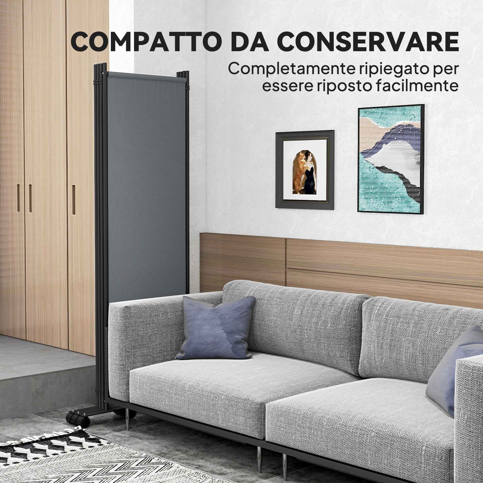 Outsunny 4-Panel Folding Indoor and Outdoor Screen with Wheels, 221 x 50 x 172 cm, Dark Grey