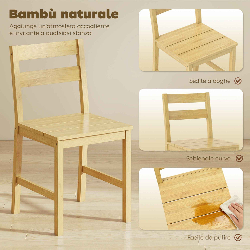 Set of 2 Bamboo Dining Chairs with Curved Backrest and Slatted Seat, Natural Wood Color