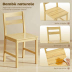 Set of 2 Bamboo Dining Chairs with Curved Backrest and Slatted Seat, Natural Wood Color