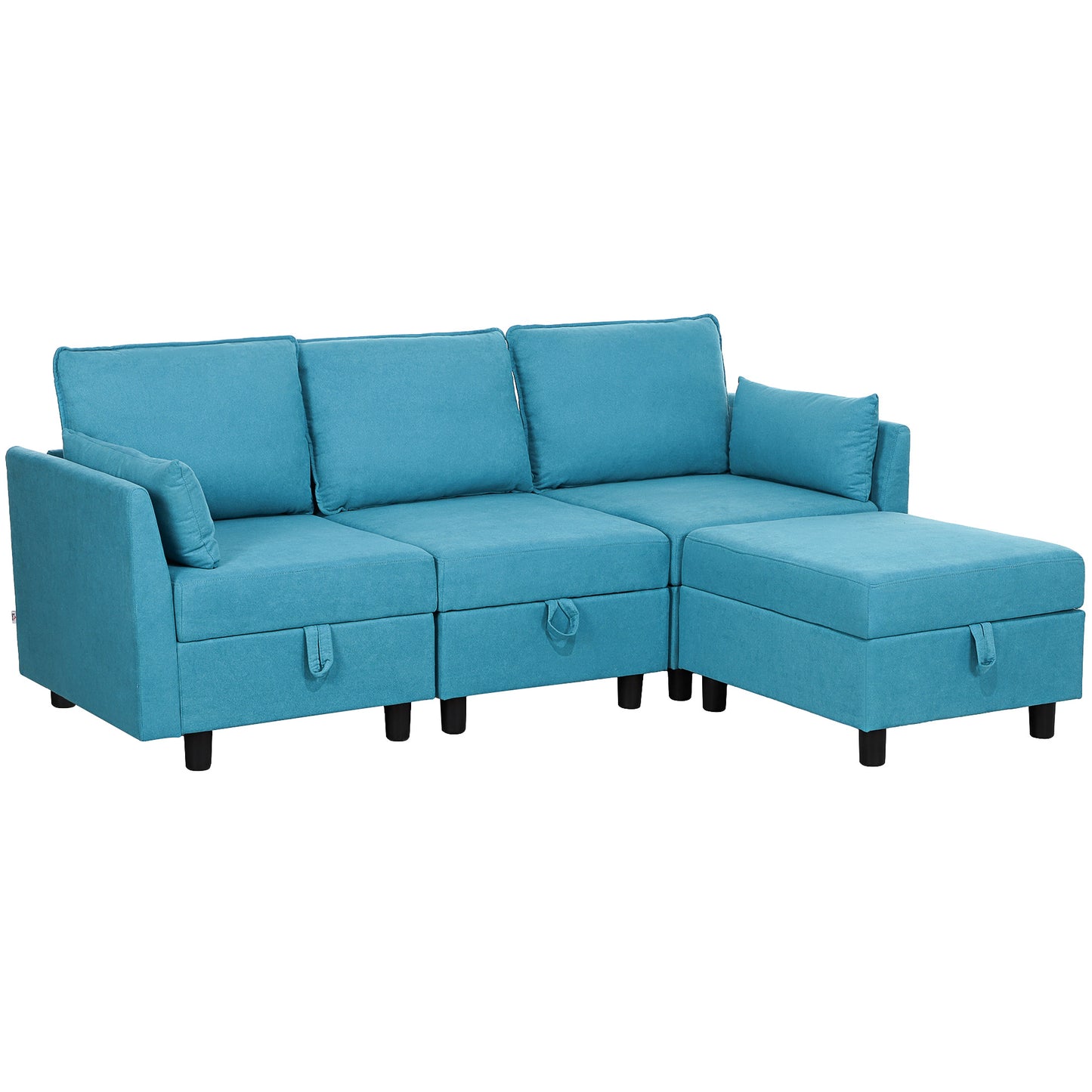 Modern 3 Seater Modular Sectional Sofa with Footrest and Cushions, Flannel Upholstery, Blue