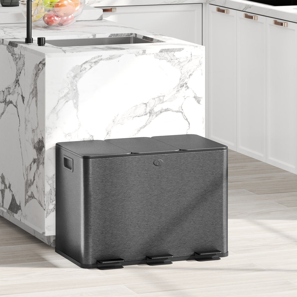 20L 3-Section Rubbish Bin with Silent Closure, Stainless Steel and PP, 61.9 x 36.6 x 56.7 cm, Black