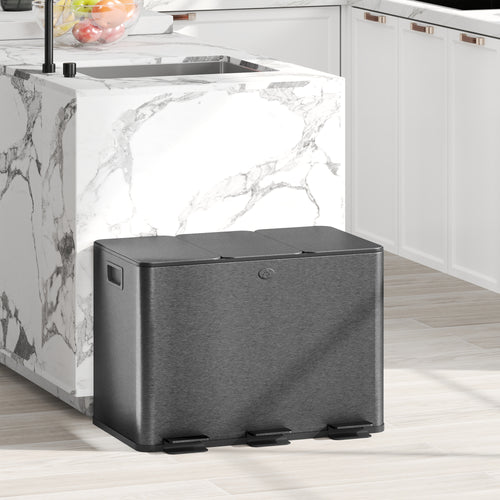 20L 3-Section Rubbish Bin with Silent Closure, Stainless Steel and PP, 61.9 x 36.6 x 56.7 cm, Black