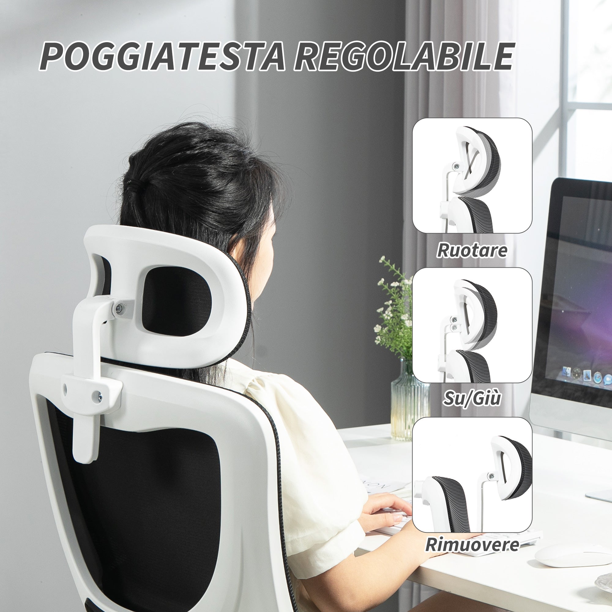 Adjustable and Reclining Office Chair with Removable Headrest, Mesh Fabric, 60x59x114-122 cm, Black
