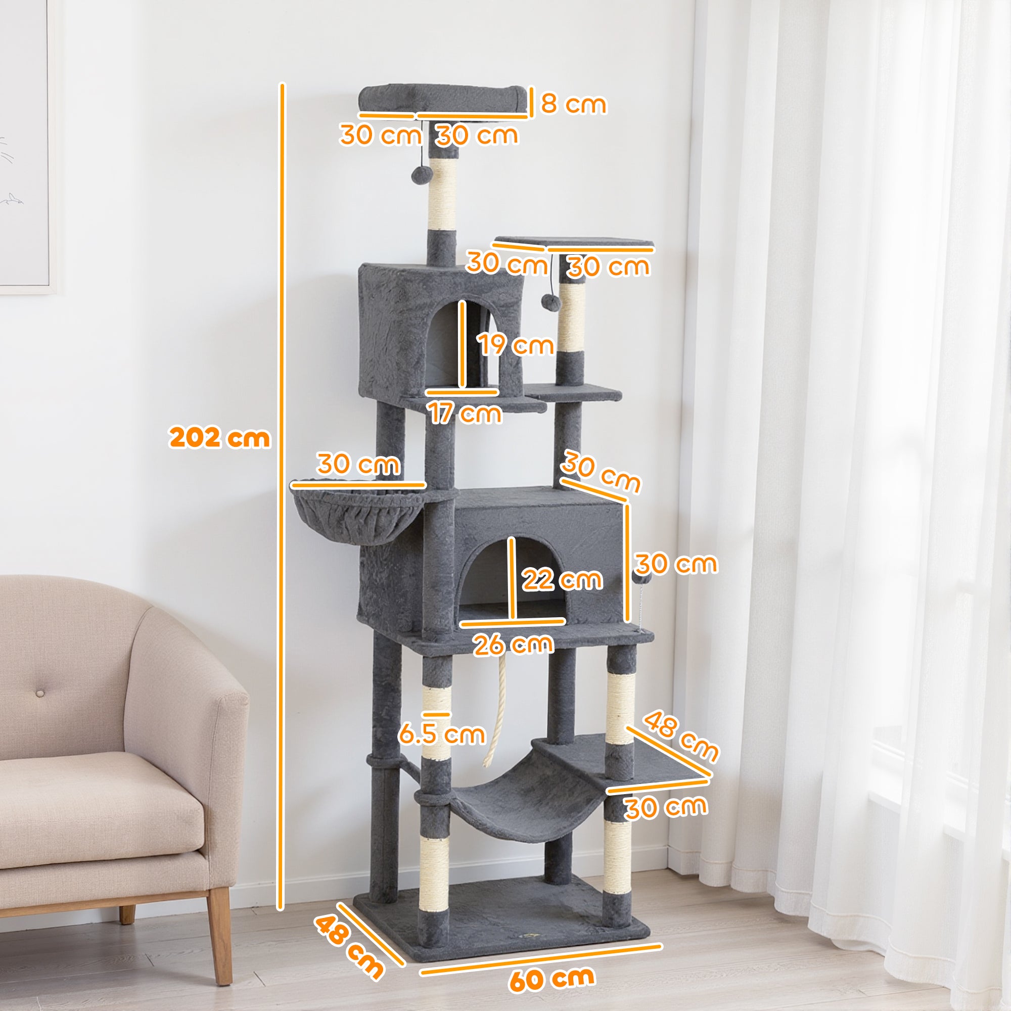 Cat Tree, 202 cm Tall, with 6 Sisal Posts, 2 Houses, 2 Hammocks and a Bed, Grey