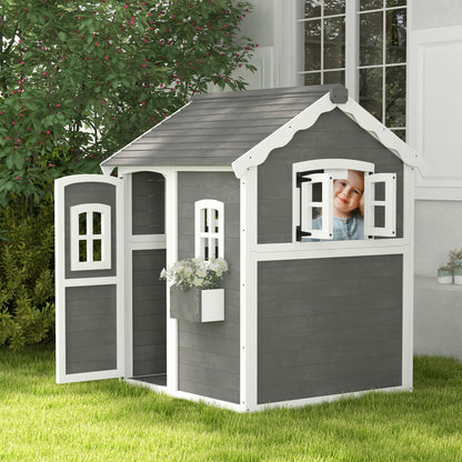 Outsunny Playhouse for Children 3-8 Years with 6 Windows and Planter, in Fir Wood, 104.5x110x137 cm, Gray - Borgè