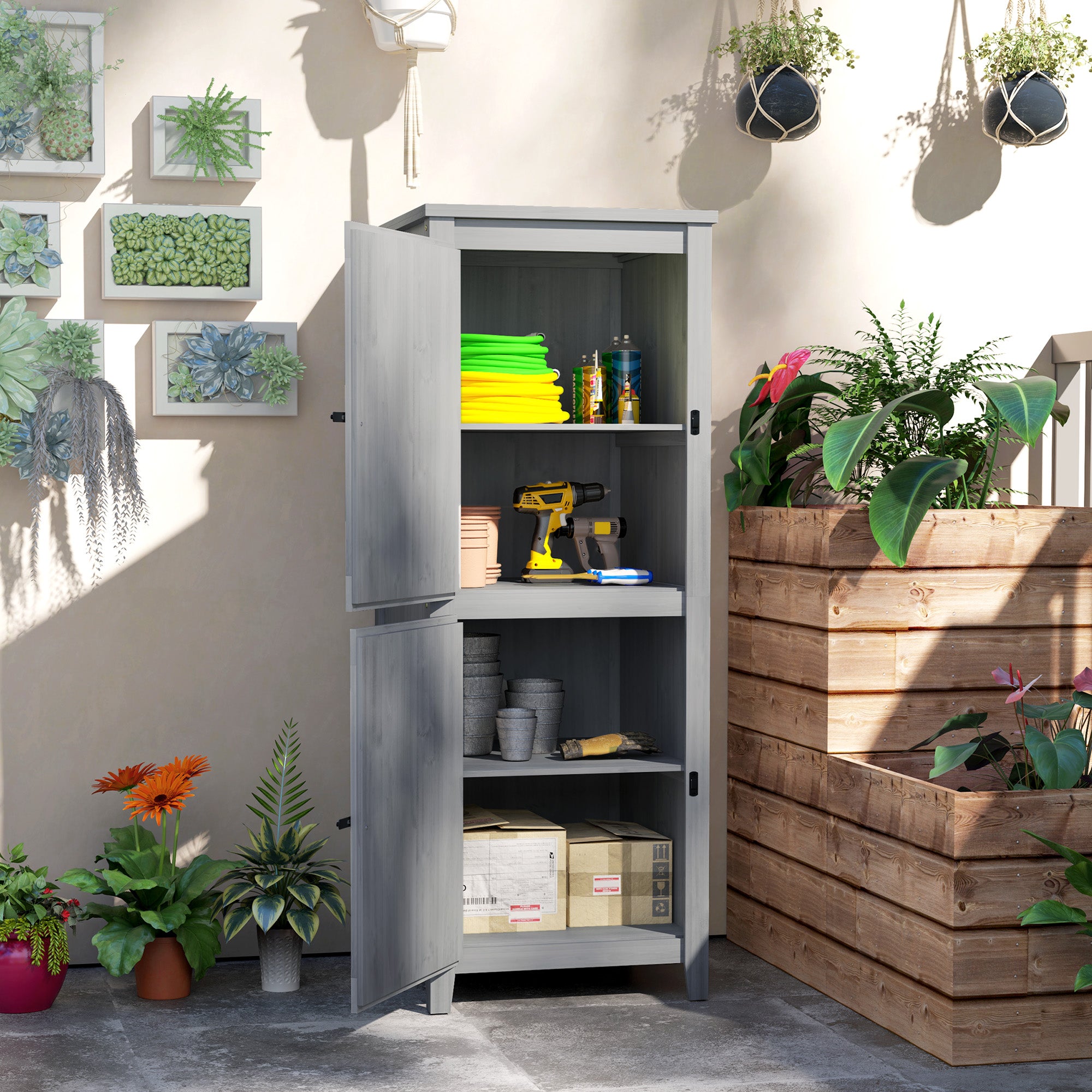Garden Tool Shed with 2 Lockers, Locking Doors and Removable Shelves, Grey