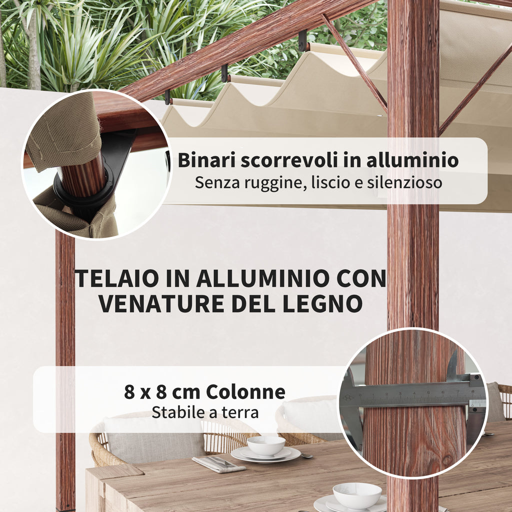 Gazebo Pergola with Retractable Roof, Pegs and Screws, in Polyester and Aluminum, 382x300x232 cm, Wood Color