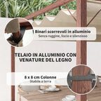 Gazebo Pergola with Retractable Roof, Pegs and Screws, in Polyester and Aluminum, 382x300x232 cm, Wood Color
