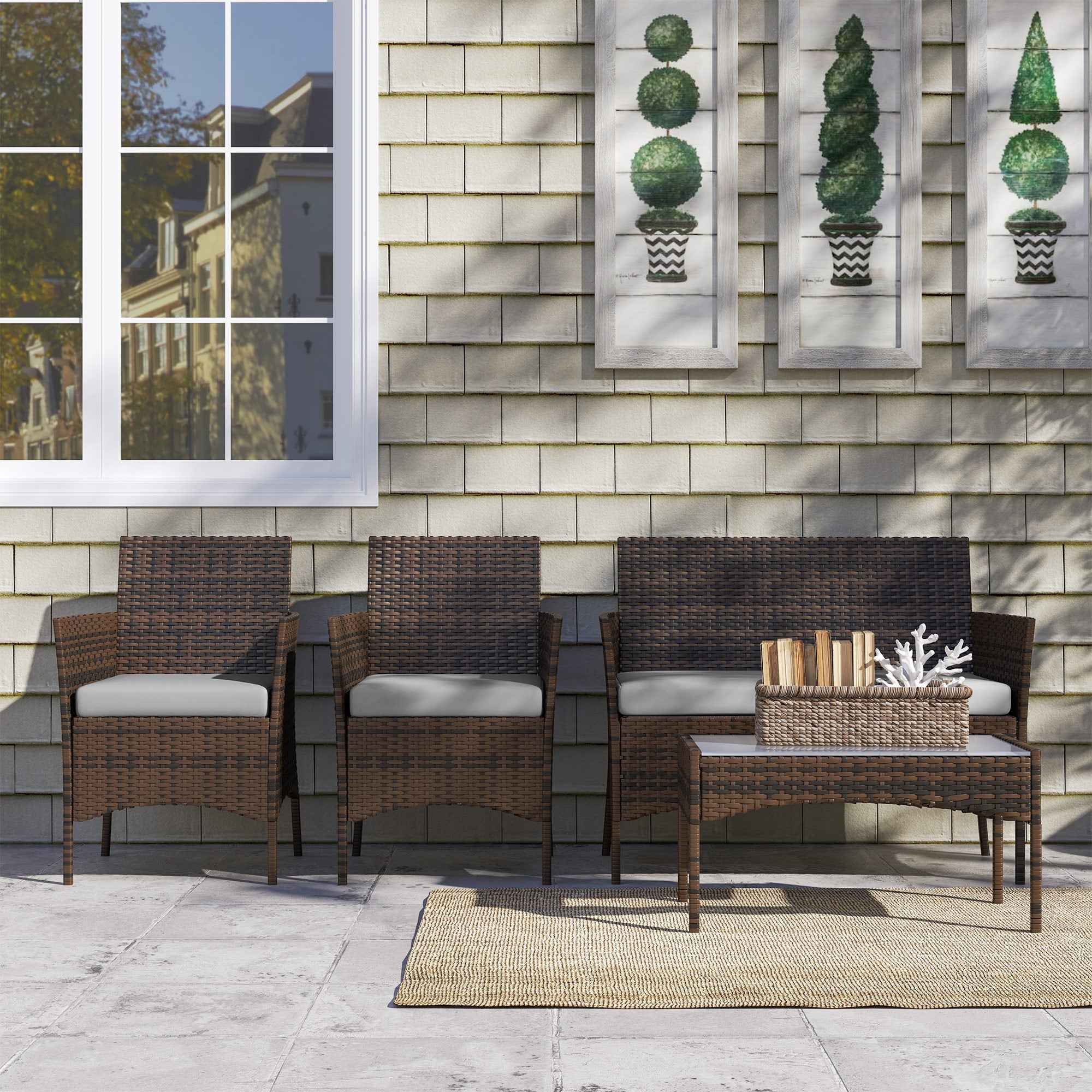 Outsunny 4-Piece Garden Set with 2-Seater Sofa, 2 Chairs and Coffee Table, in Rattan and Steel, Grey and Brown