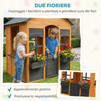 Kids Wooden Playhouse with Flower Pots, for Indoor/Outdoor Play, Ages 3–8, Brown