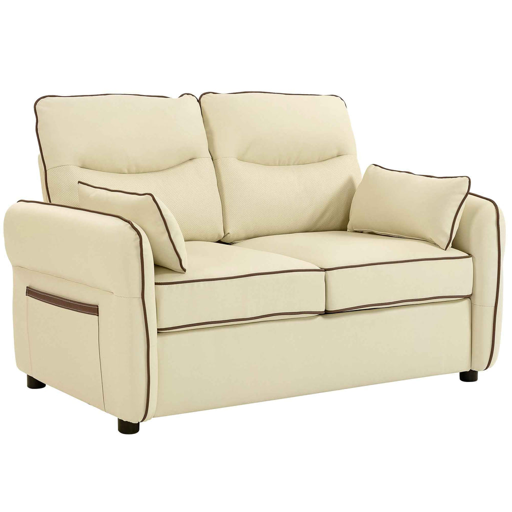 HOMCOM 2-Seater Faux Leather Sofa with Thick Padding, Side Pocket and 2 Cushions, 136x81x90 cm, Beige