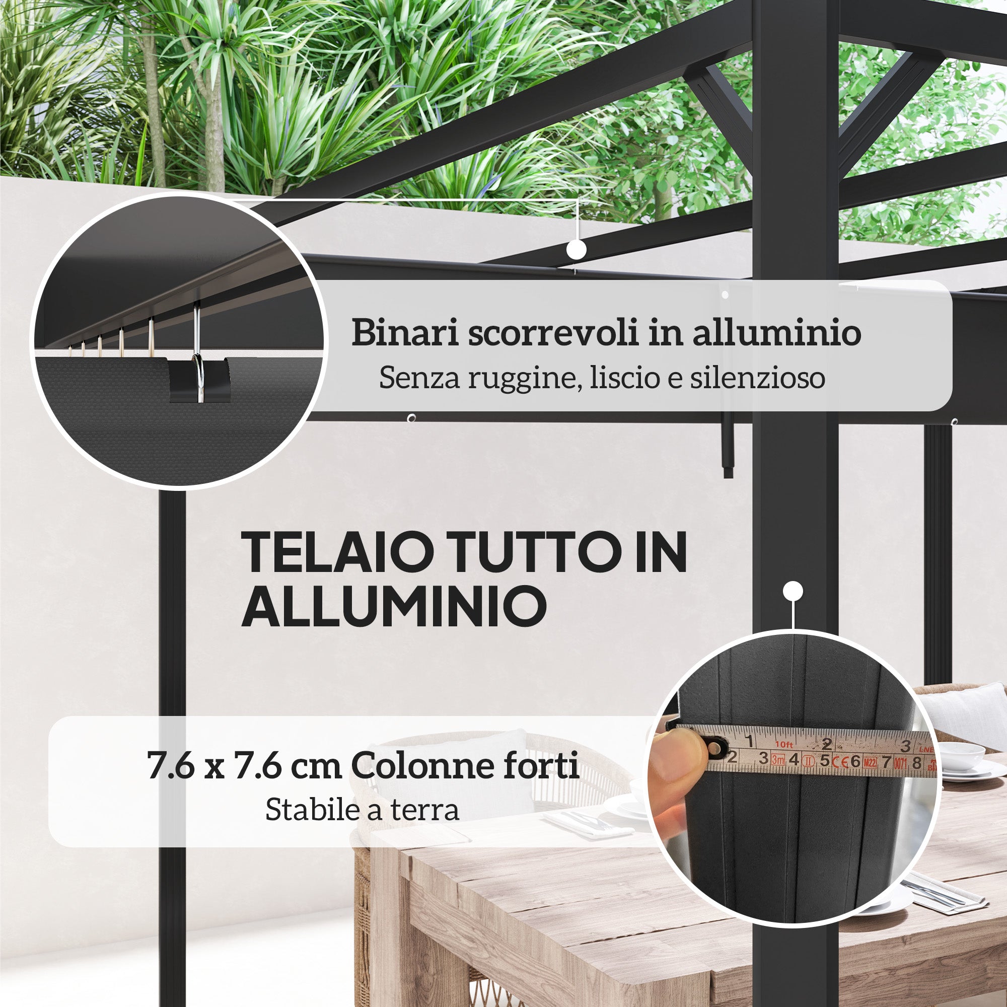 Gazebo Pergola Retractable 3x3 m with Roller Blind and Drainage Holes, in Steel and Polyester Dark Grey