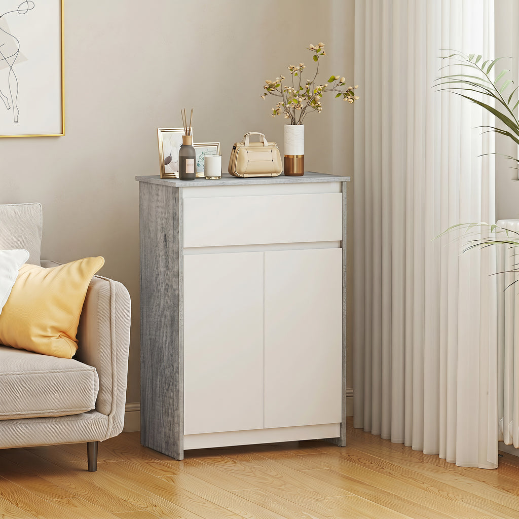 kleankin Freestanding Bathroom Cabinet with Drawer and Double Doors, Grey-White