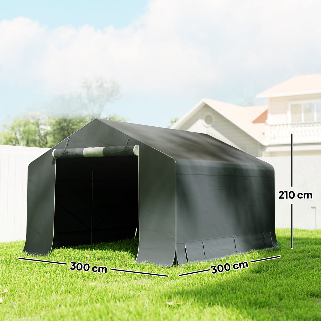 Outsunny 3x3m Waterproof Outdoor Motorcycle Garage Storage Shelter with Door and Roll-Up Vents, for Bikes and Tools, Dark Grey