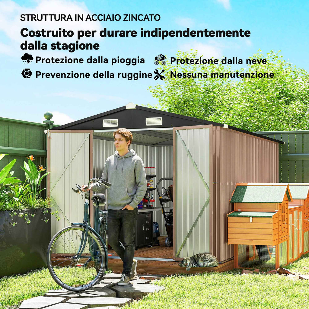 Outsunny 364 x 238 cm Metal Garden Shed with 4 Vents and Lockable Double Doors, Brown