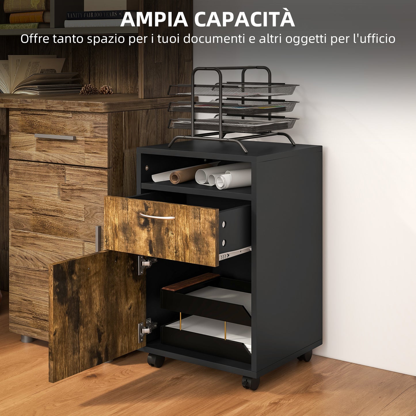 File Cabinet with Drawer and Shelf, 4 Wheels, 40x35x60cm, Brown and Black