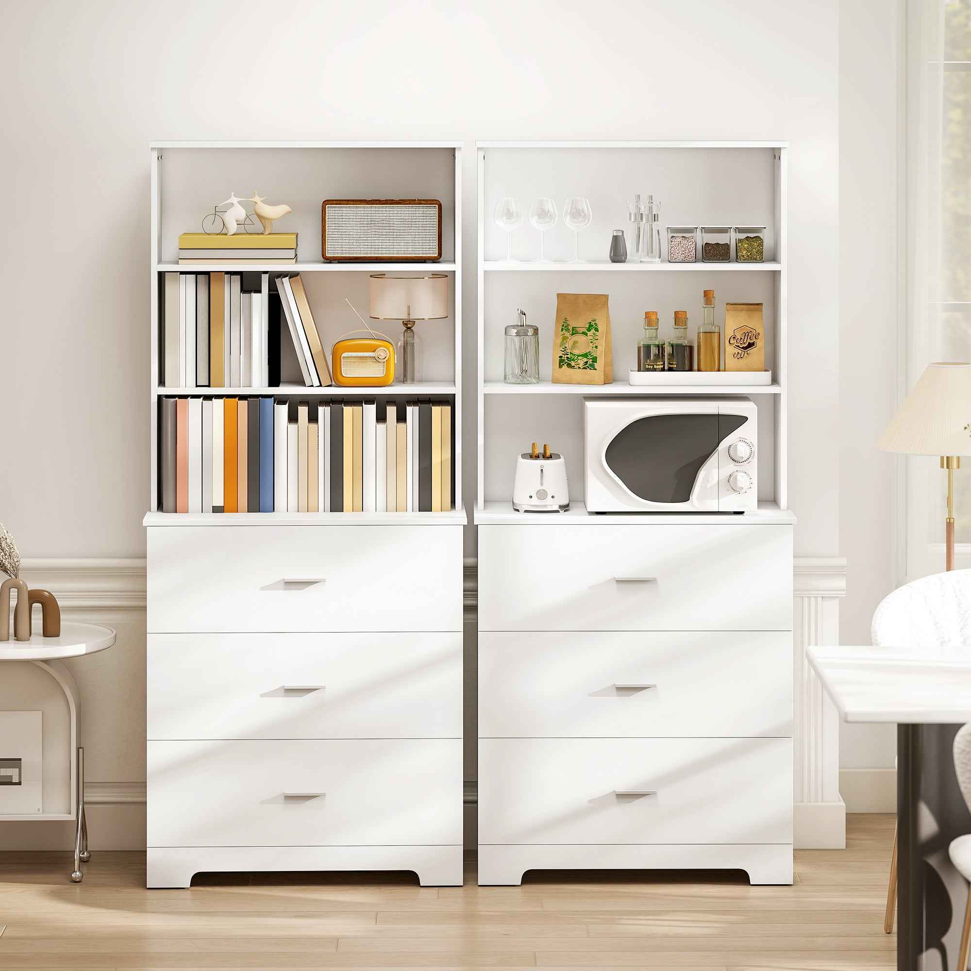 HOMCOM Wall-Mounted Bookcase with 3 Open Shelves and 3 Drawers, Wooden, 79x39.5x182.2 cm, White