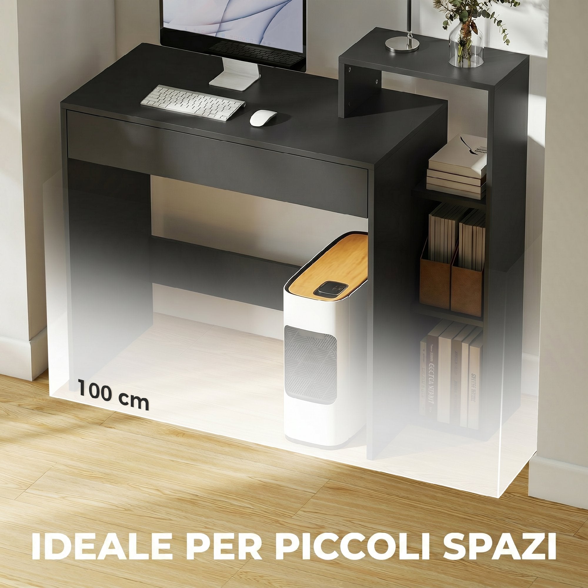 HOMCOM Modern PC Desk with 3 Open Shelves and Drawer, Black Wood, 100x40x90 cm