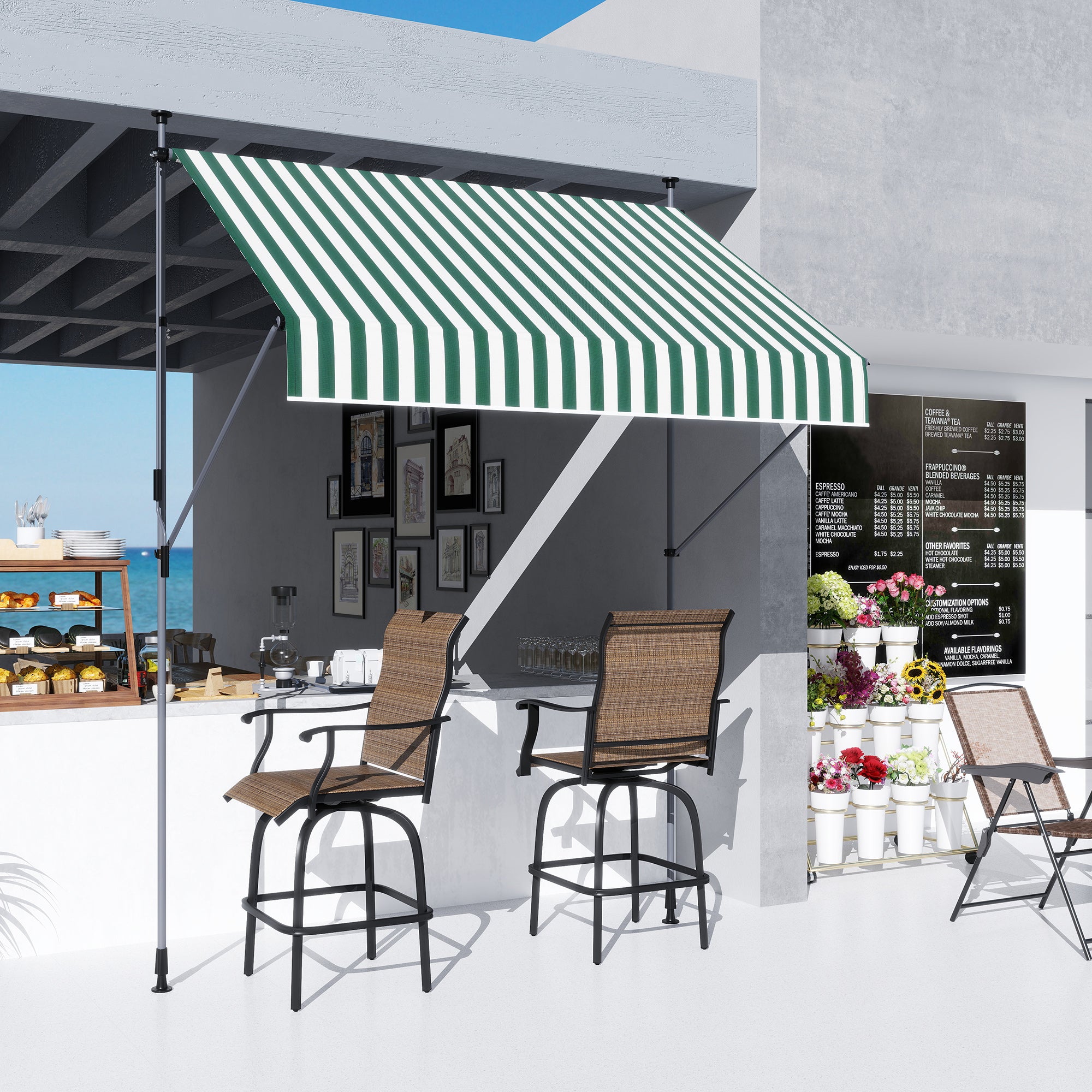 Awning 2x1.2 m with Adjustable Supports and Crank, in Aluminium, Metal and Polyester, Green and White