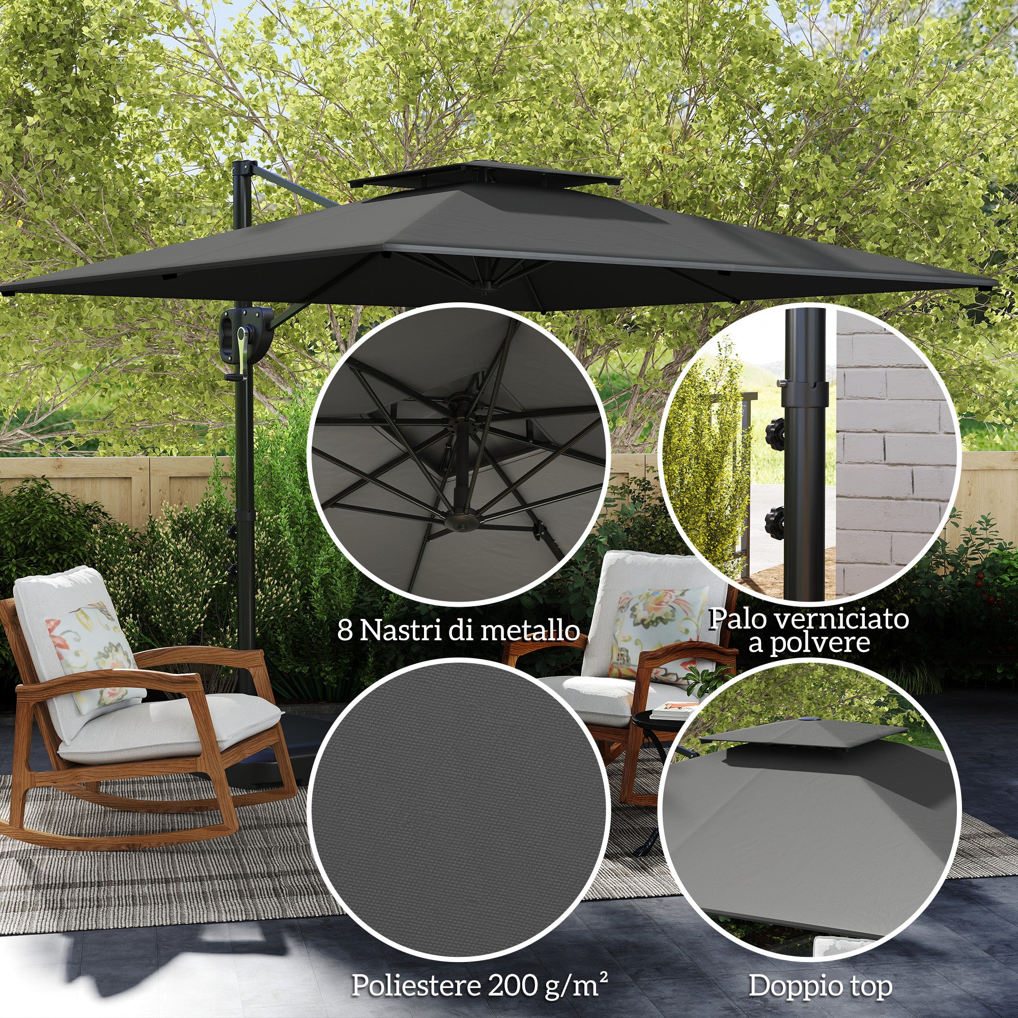 Arm Umbrella 2.5x2.5 m with Fillable Base, Crank and Tilting Head, Dark Gray