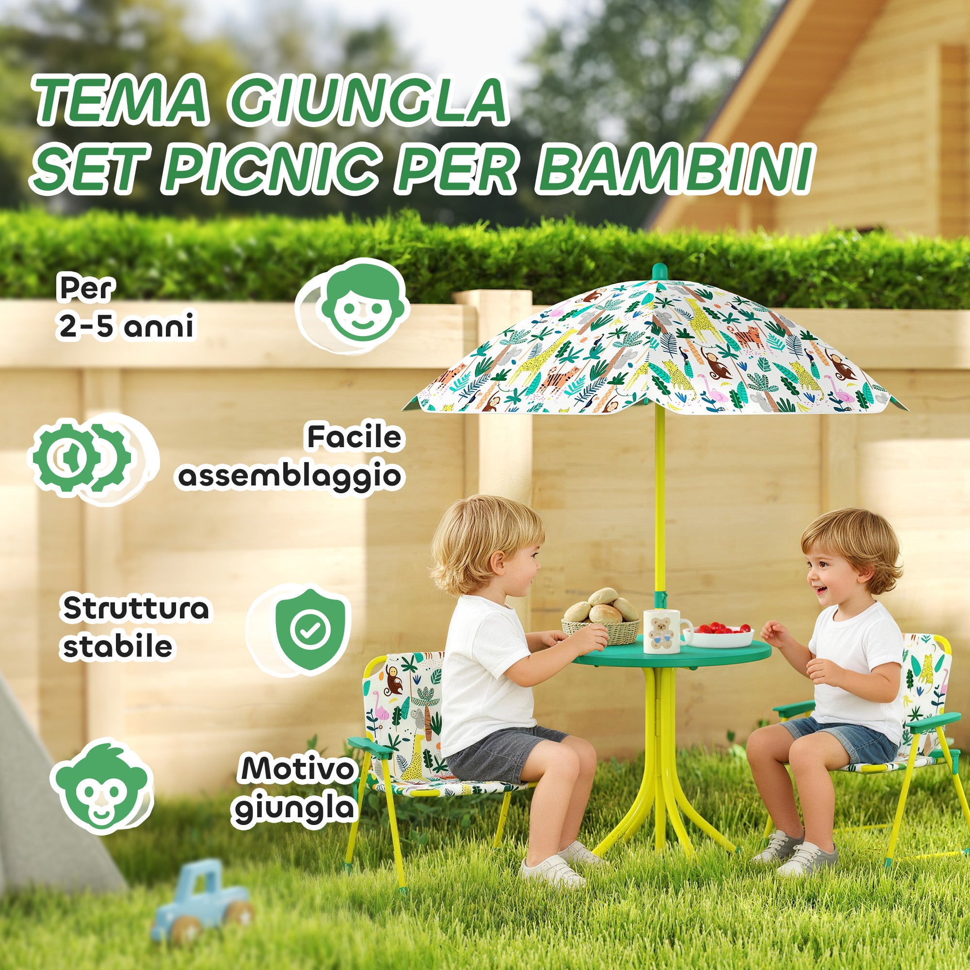 AIYAPLAY Kids Picnic Table and Chair Set with Green Umbrella