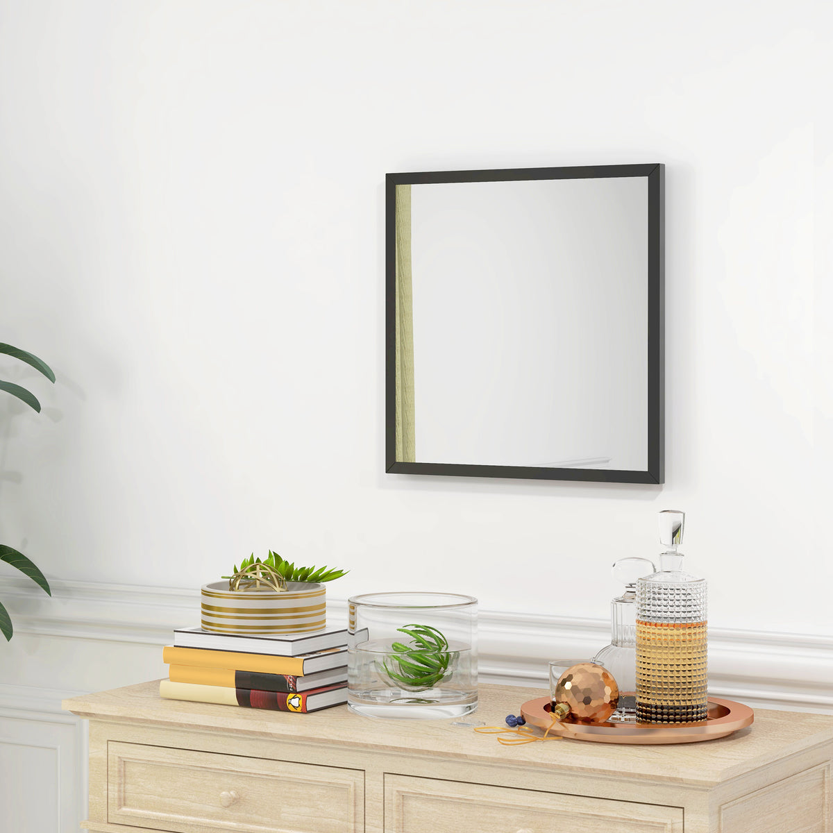 HOMCOM Rectangular Wall Mirror with Hooks, Glass and MDF Wall Mirror, 50x50 cm, Black