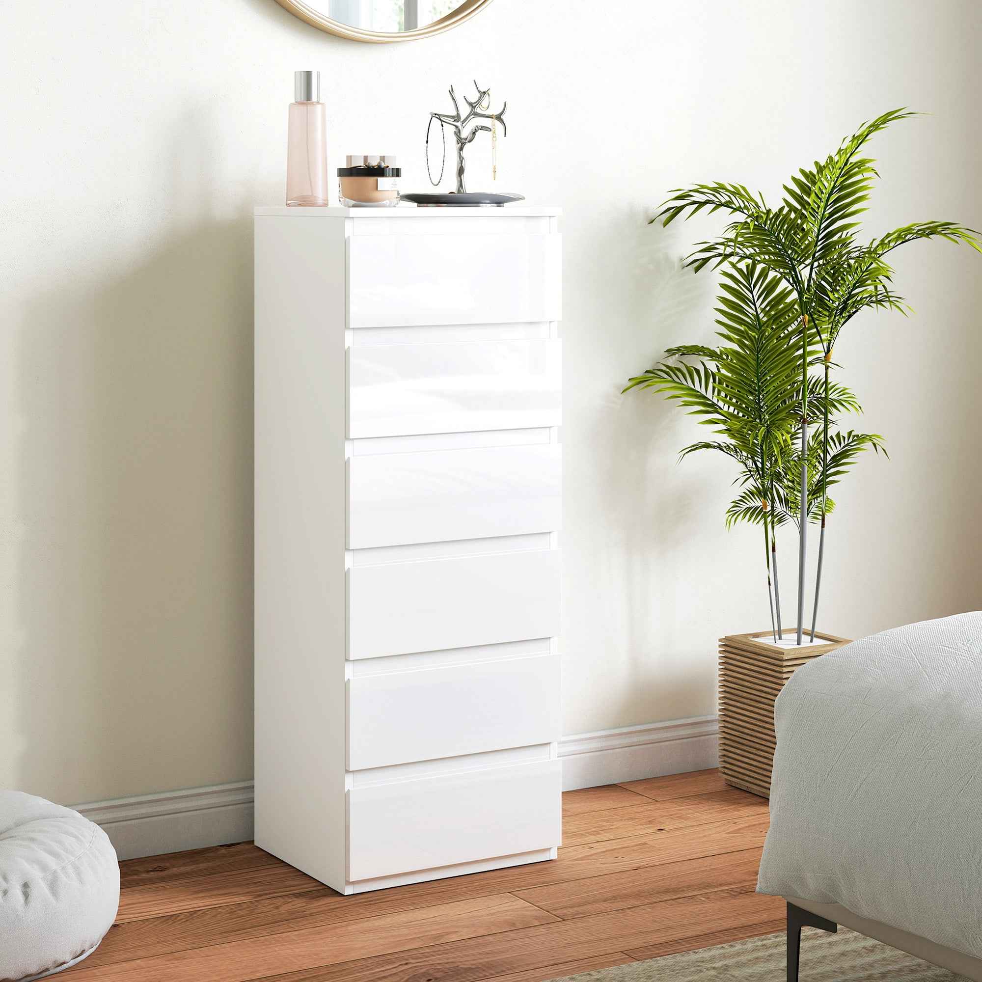 HOMCOM Slim Dresser, 6 Drawers, Gloss Finish, Bedroom, White