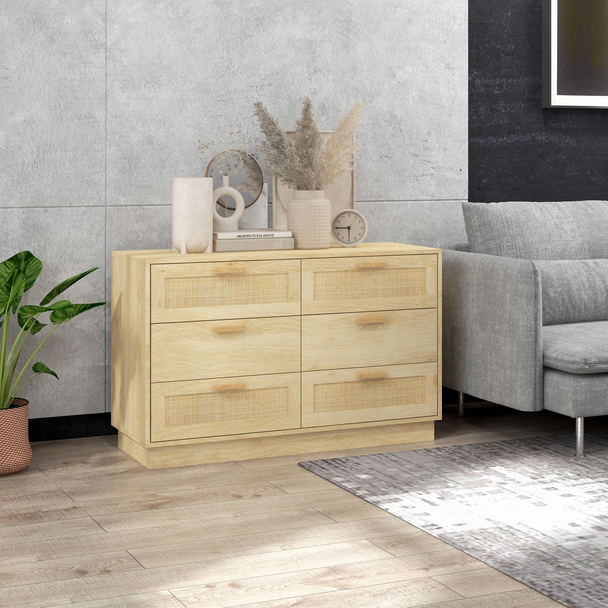 6-Drawer Chest of Drawers, Boho Style, for Bedroom and Entrance, Made of Wood and Rattan, 110x40x69 cm, Oak