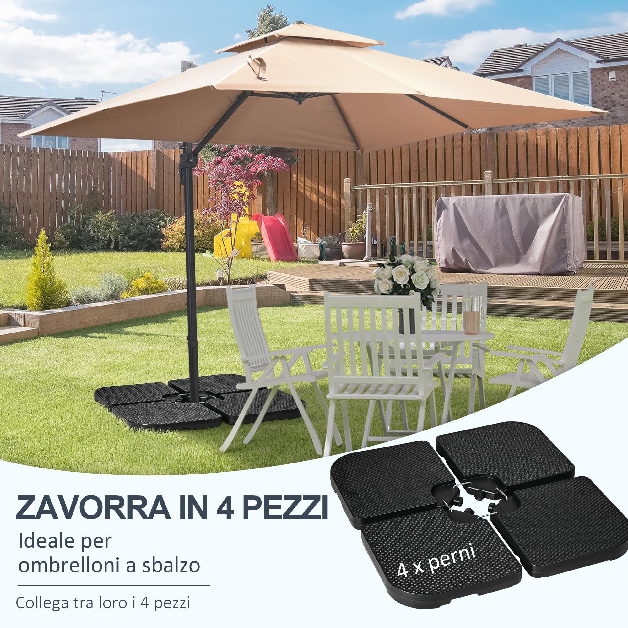 Parasol Base set of 4 Stackable Pieces with Integrated Handles, in HDPE, 99.7x99.7x8.3 cm, Black