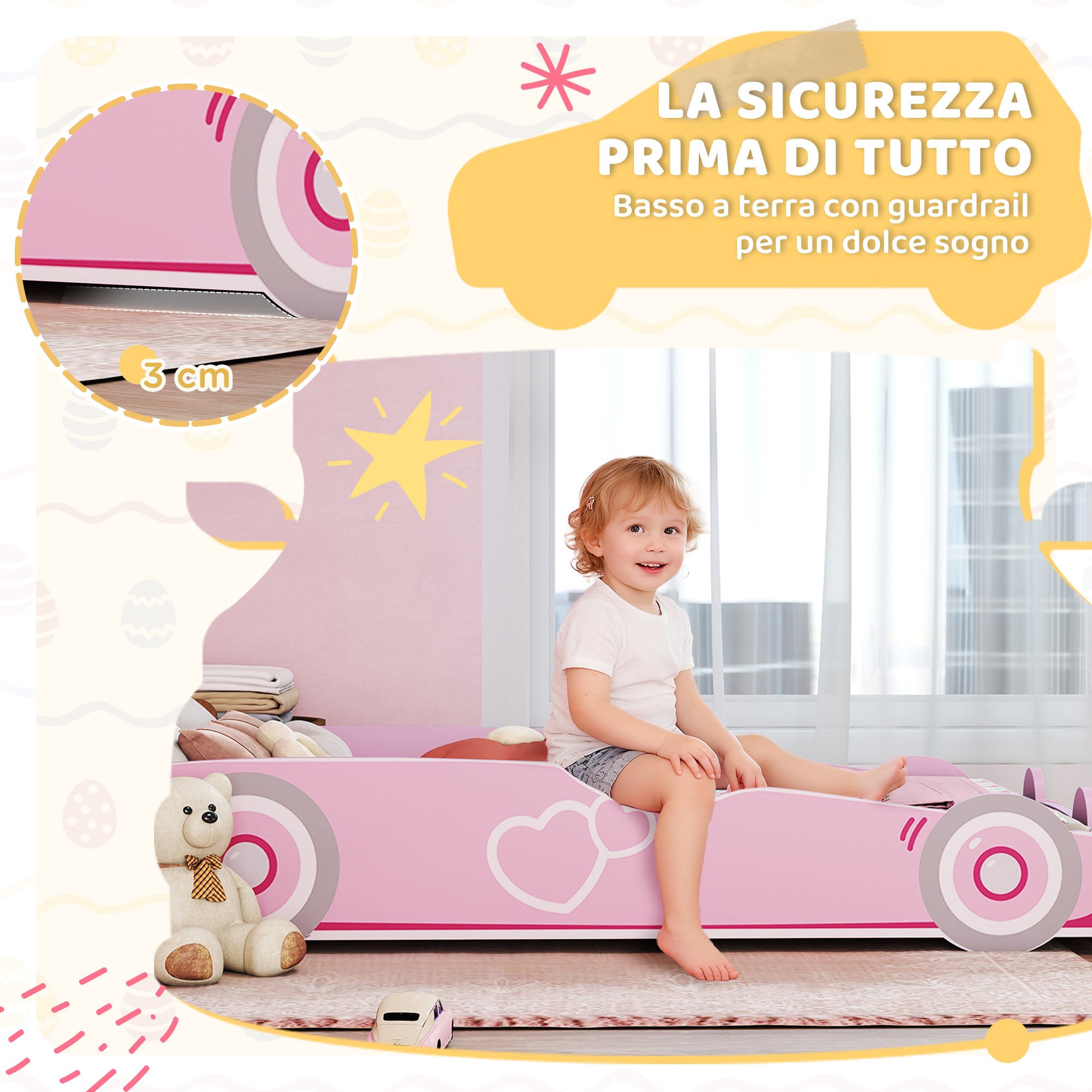 Car-Shaped Children's Bed with Raised Safety Sides for 3-5 Year Olds, 140x70 cm, Pink