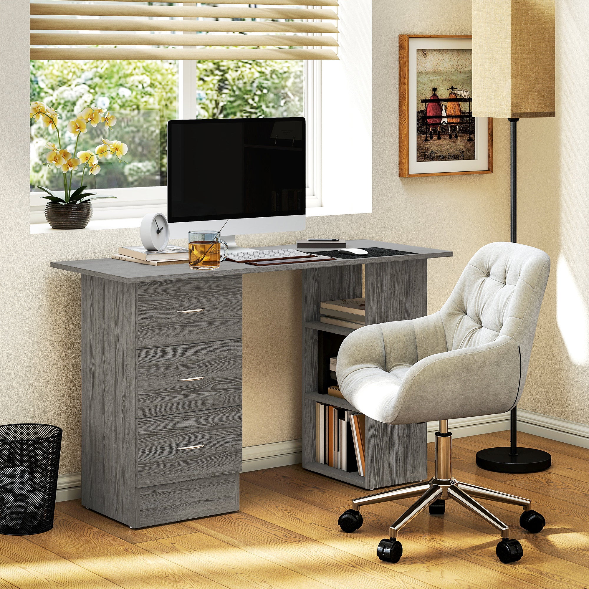 HOMCOM Modern Desk with 3 Drawers and 3 Shelves for Bedroom and Office, Wooden, 120x49x72 cm, Grey