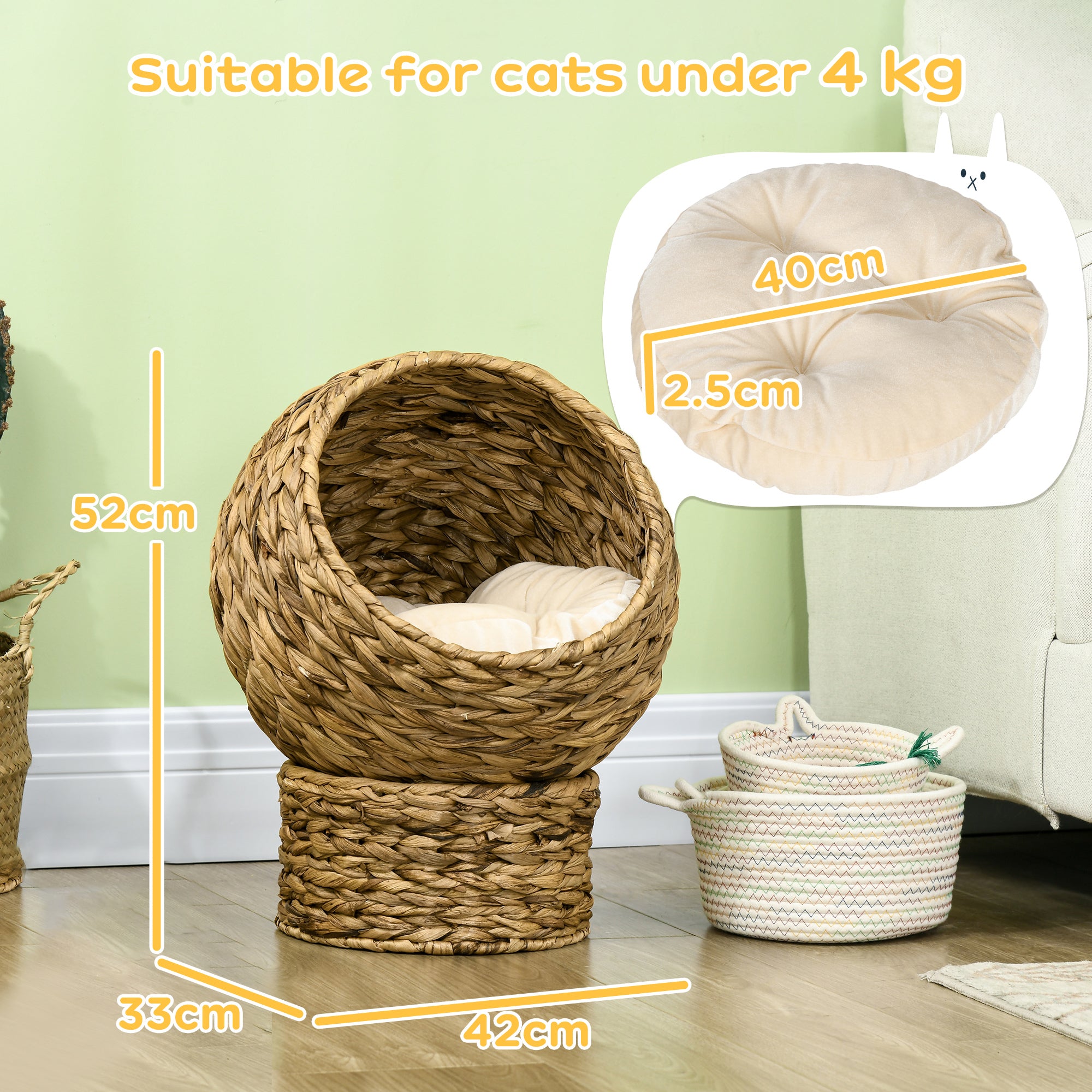 Raised Wicker Cat Bed with Cotton Cushion, Brown and White, 42 x 33 x 52cm