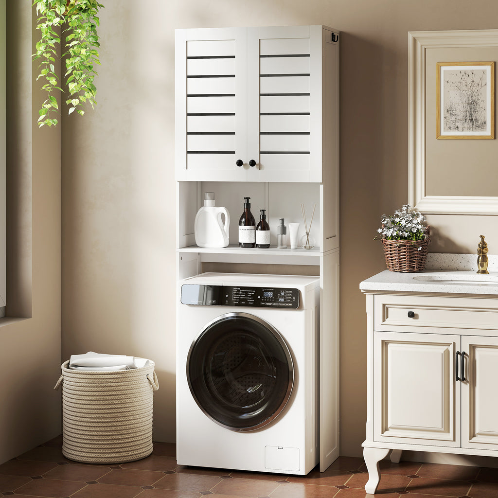 Over Toilet Cabinet with 2 Doors and Open Shelf, White Wood, 67x31.5x190 cm