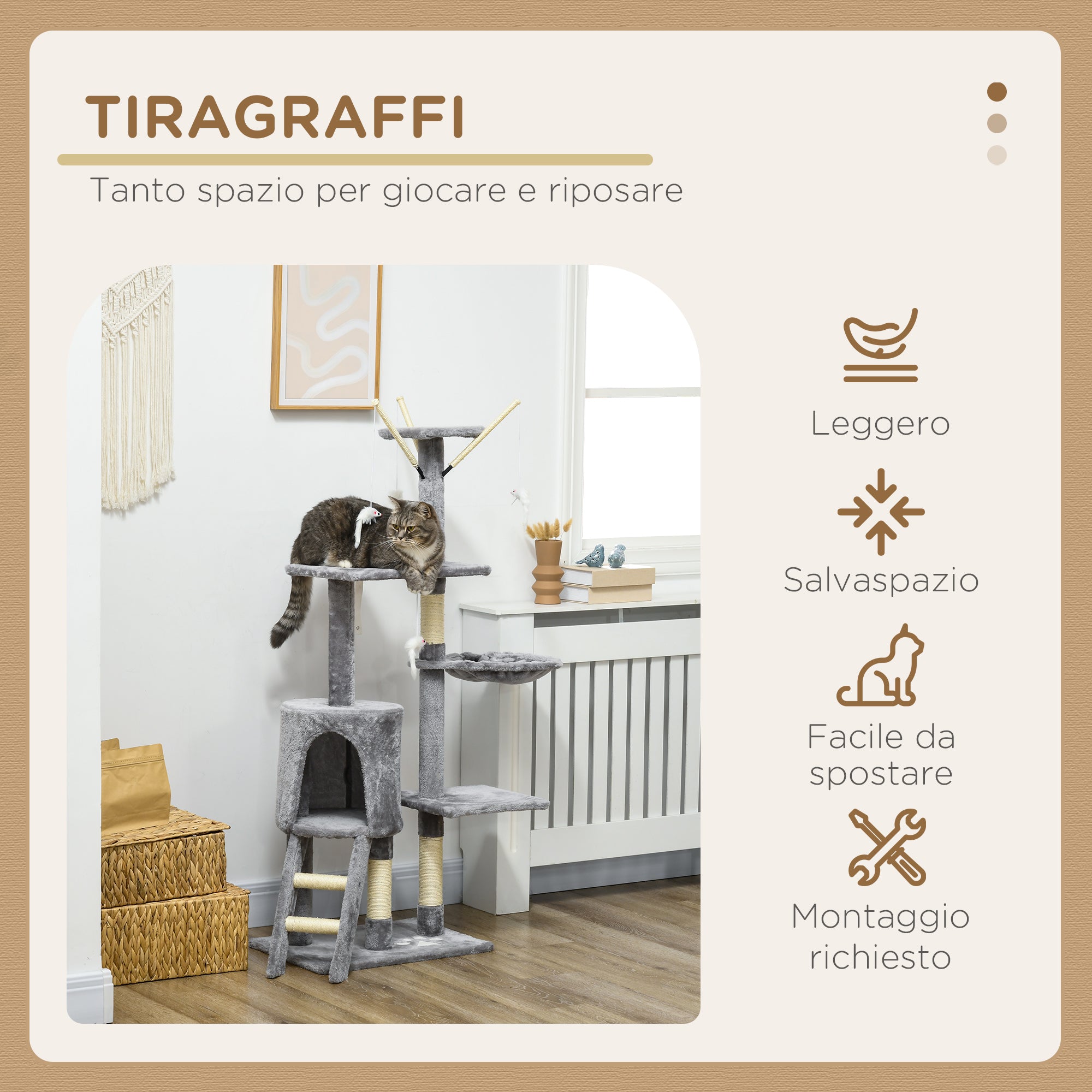Cat Tower with House, Perch, Platforms and 4 Mice, Made of Wood, Plush and Sisal, 50x35x134.2 cm, Grey