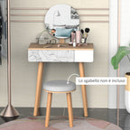 Dressing Table with Circular Mirror Ф39cm, Makeup Console with Drawer in Jungle Decor, White and Oak, 70x39x119-128cm