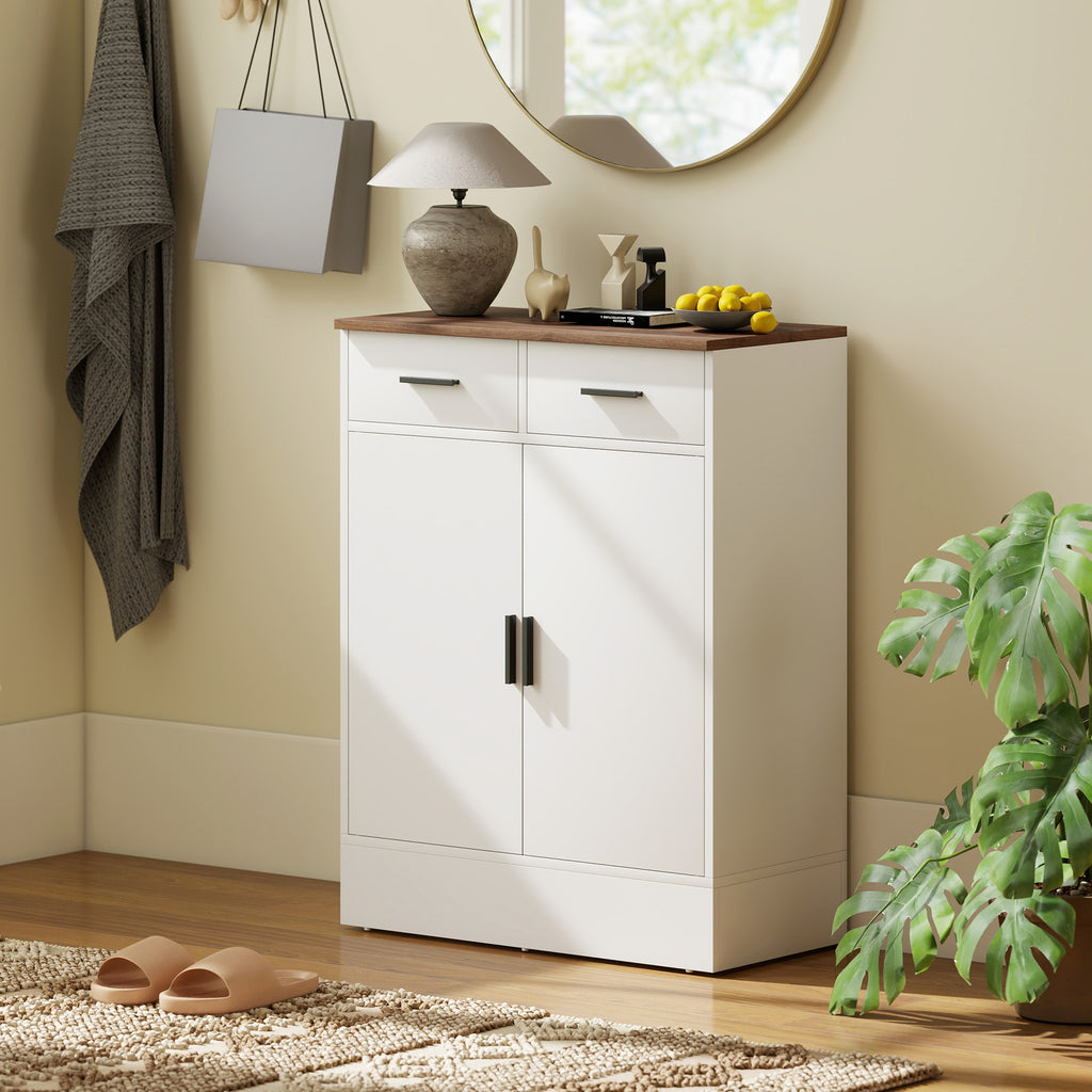 Modern Sideboard with 2 Drawers and 2 Doors, Adjustable Internal Shelf, White and Wood